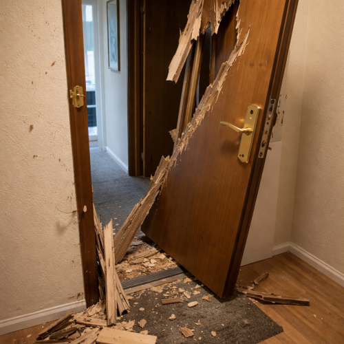 zerstörte eingangstür nach einbruch